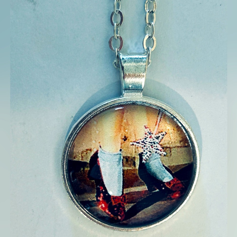 Ruby Slippers Wizard of Oz Glass Dome Pendant & Silver Tone Chain Necklace